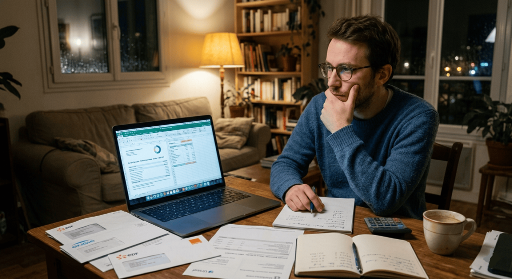 personne réfléchissant devant ses finances, factures et ordinateur,