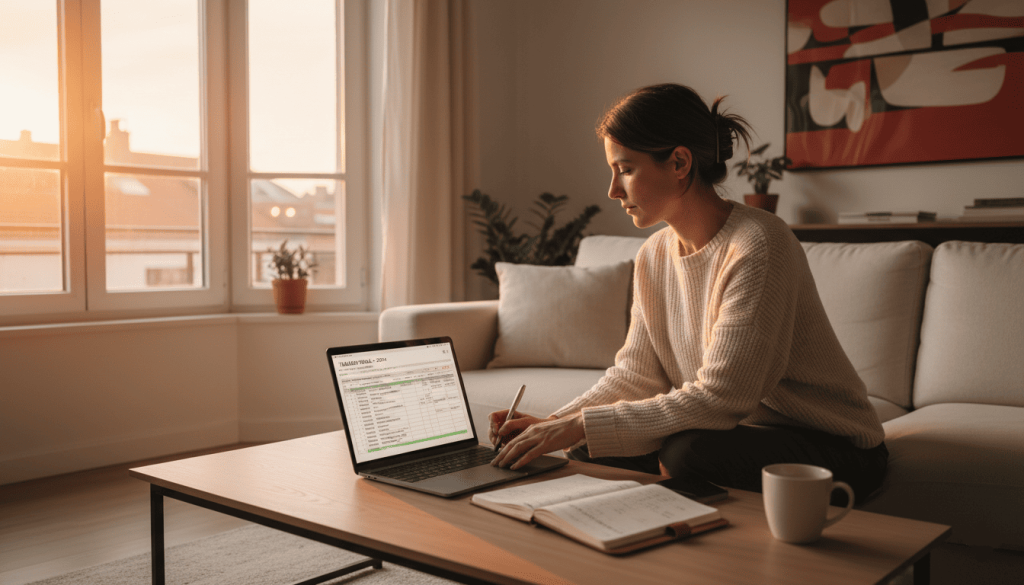 une femme qui travaille sur son bureau, dans son logement