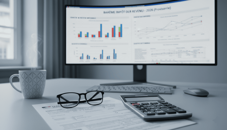 Ordinateur avec graphique sur l'écran, lunettes et calculatrice