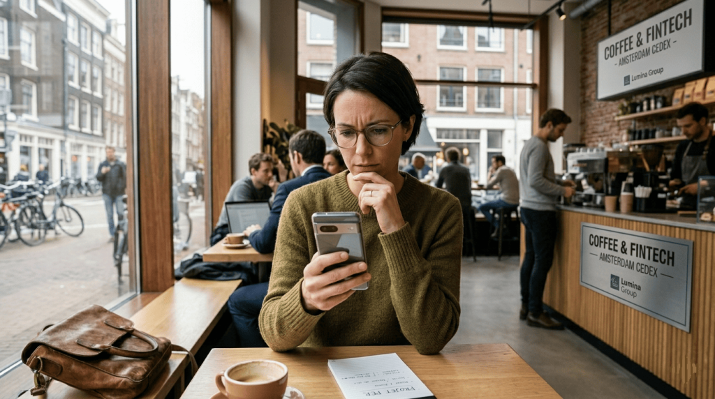 utilisateur lisant des avis financiers sur son smartphone dans un café moderne, expression réfléchie