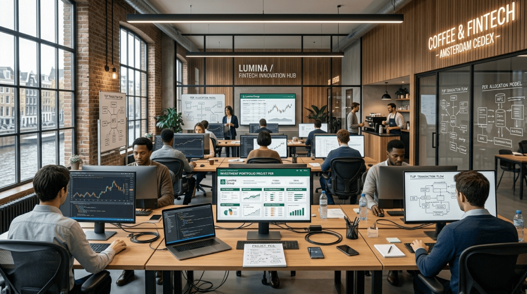 n open space moderne de startup fintech européenne, développeurs et analystes travaillant sur des plateformes d’investissement