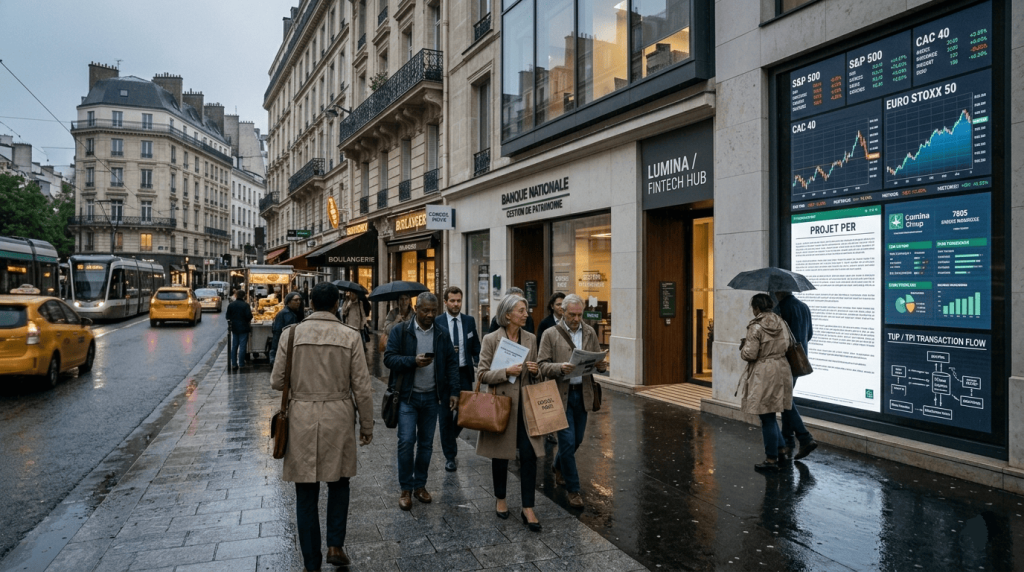une grande ville européenne, passants devant des affichages financiers numériques et agences bancaires modernes