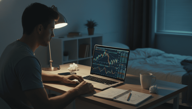 un jeune adulte découvrant le trading sur ordinateur portable dans un petit appartement moderne, graphiques boursiers