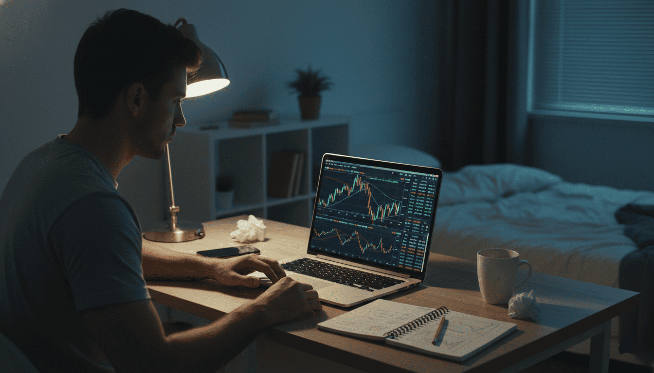 un jeune adulte découvrant le trading sur ordinateur portable dans un petit appartement moderne, graphiques boursiers