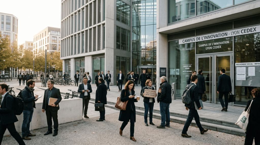 immeuble de bureaux contemporain en France, salariés entrant et sortant