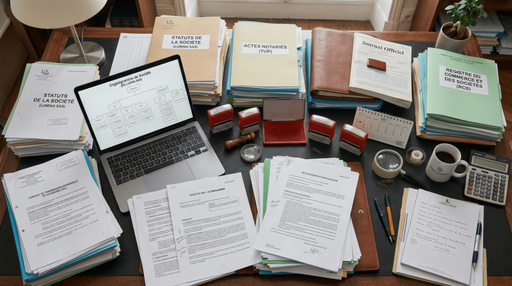 bureau rempli de documents juridiques français, tampons administratifs, statuts d’entreprise, ordinateur portable affichant un organigramme de société