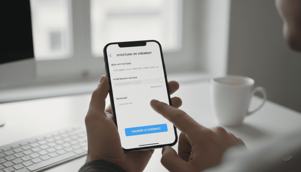 Main utilisant une application bancaire pour effectuer un virement