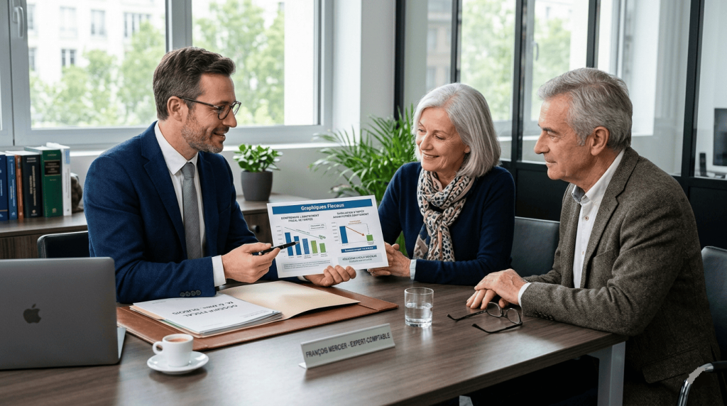 Expert-comptable expliquant un abattement fiscal à un couple retraité, graphiques fiscaux imprimés