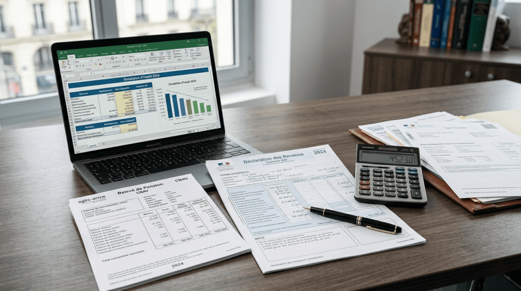 documents fiscaux français, calculatrice, stylo, relevés de pension, ordinateur portable avec tableau fiscal