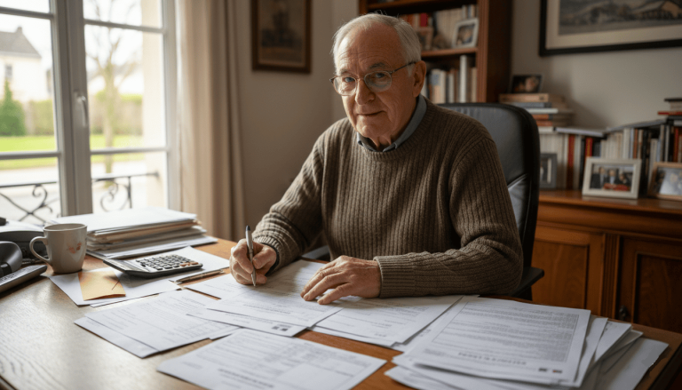 Senior français remplissant une déclaration fiscale avec documents administratifs de retraite et avis d’imposition