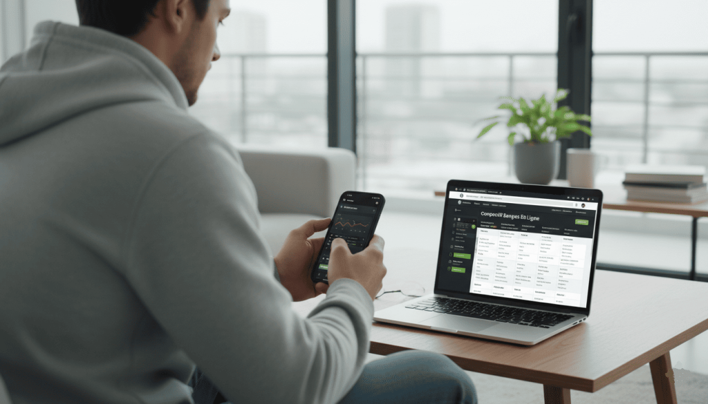 Jeune homme utilisant une application bancaire sur smartphone dans un appartement moderne
