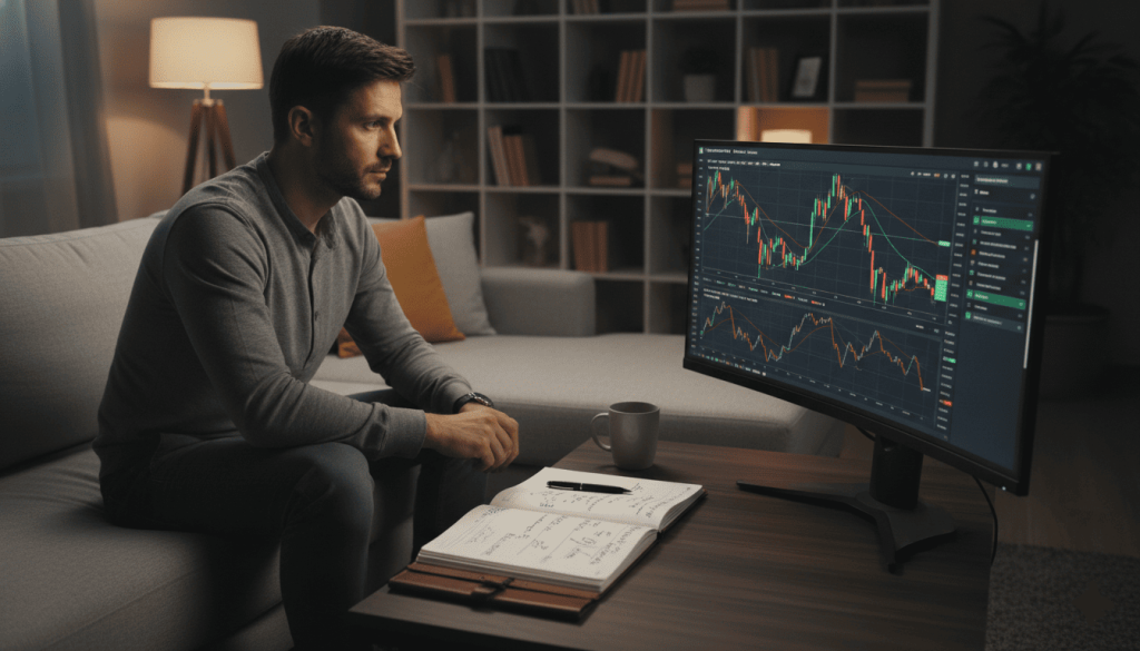 Homme de 35 ans travaillant depuis son salon moderne, écran affichant graphiques réalistes du Bitcoin et plateforme d’investissement