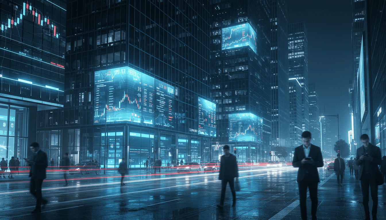 quartier financier moderne la nuit, panneaux numériques affichant discrètement des graphiques de cryptomonnaies