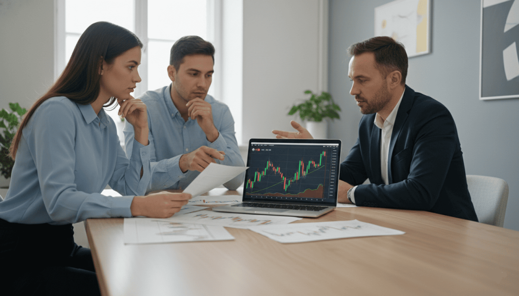 Jeune couple discutant d’investissement crypto avec un conseiller indépendant dans un bureau moderne minimaliste