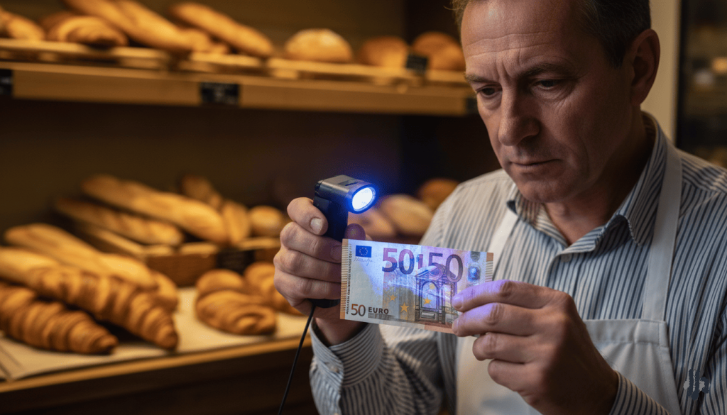Commerçant dans une boulangerie française examinant un billet en euros sous une lampe UV