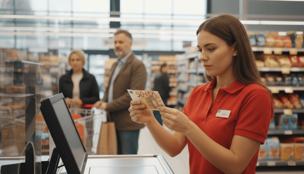 Supermarché moderne avec caissière vérifiant discrètement un billet suspect, clients en arrière-plan flous
