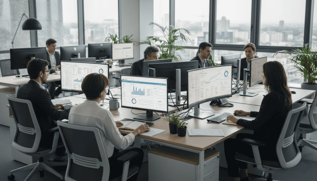 Open space d’entreprise française moderne avec plusieurs employés travaillant sur leur retraite et leurs finances personnelles