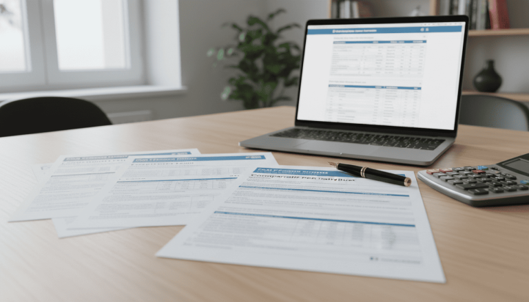 Table de bureau avec plusieurs documents réalistes de plans d’épargne retraite français, tableaux comparatifs imprimés, calculatrice, stylo premium, ordinateur portable ouvert sur un comparatif financier
