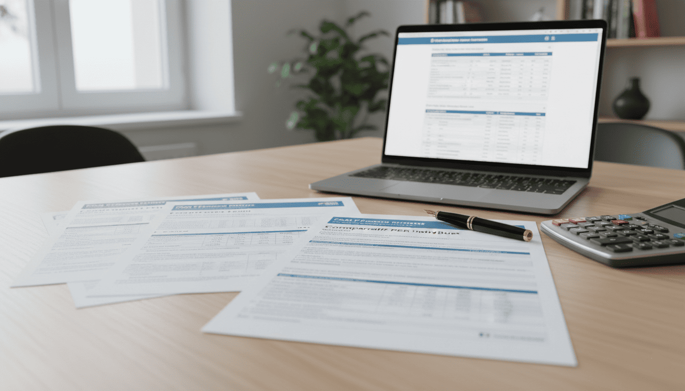 Table de bureau avec plusieurs documents réalistes de plans d’épargne retraite français, tableaux comparatifs imprimés, calculatrice, stylo premium, ordinateur portable ouvert sur un comparatif financier