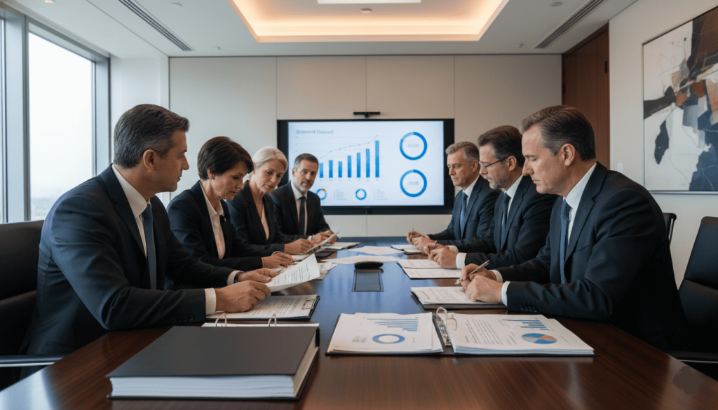 Salle de réunion moderne avec actionnaires consultant des rapports financiers imprimés, graphiques de dividendes visibles sur écran de présentation