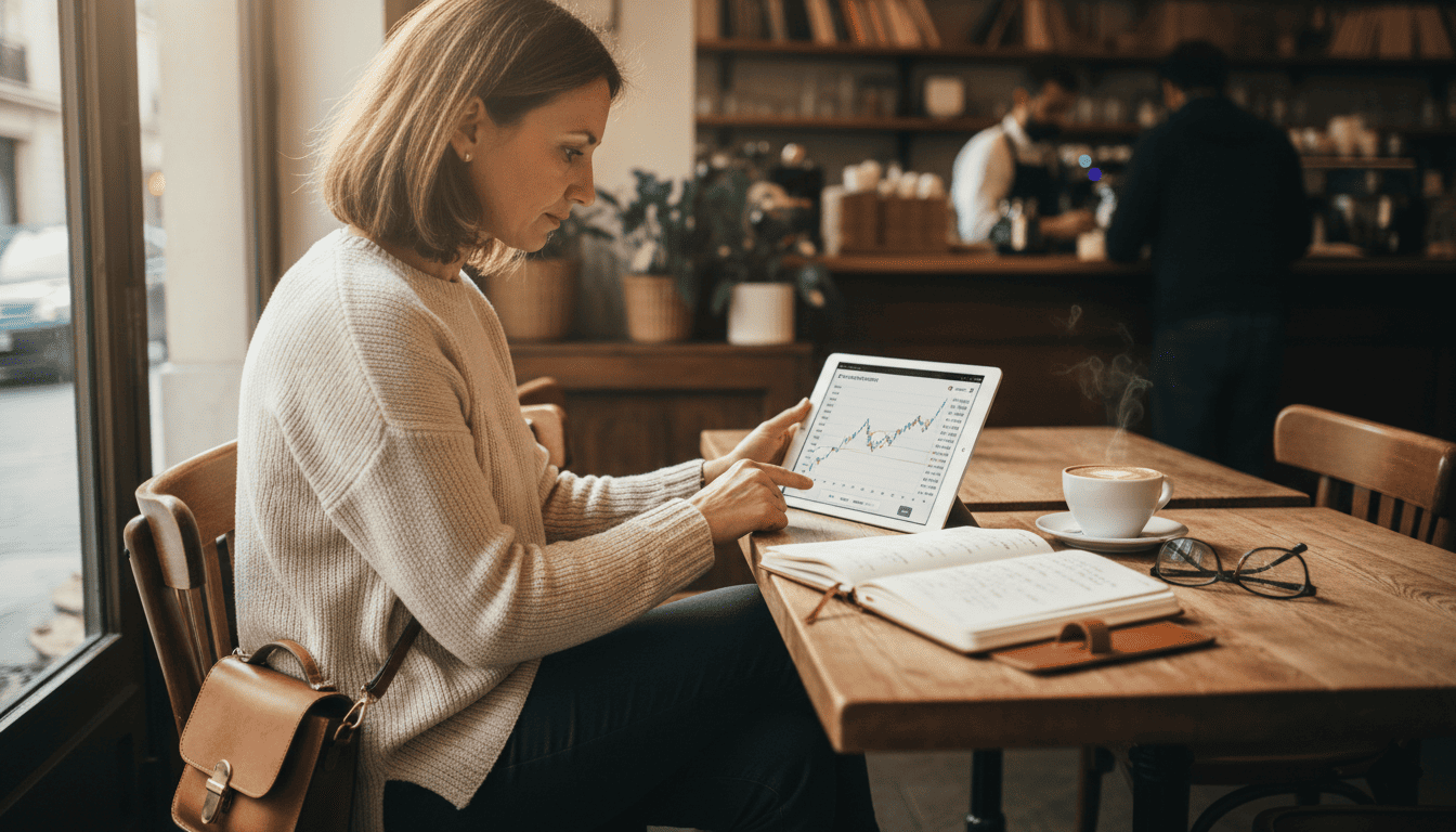 Femme d’une quarantaine d’années consultant son portefeuille boursier depuis une tablette dans un café élégant