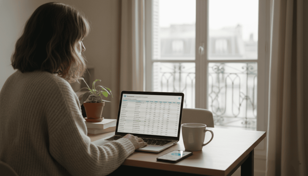 jeune femme de 28 ans assise à une table avec ordinateur portable affichant un tableau comparatif d’épargne, tasse de café, smartphone avec application bancaire ouverte