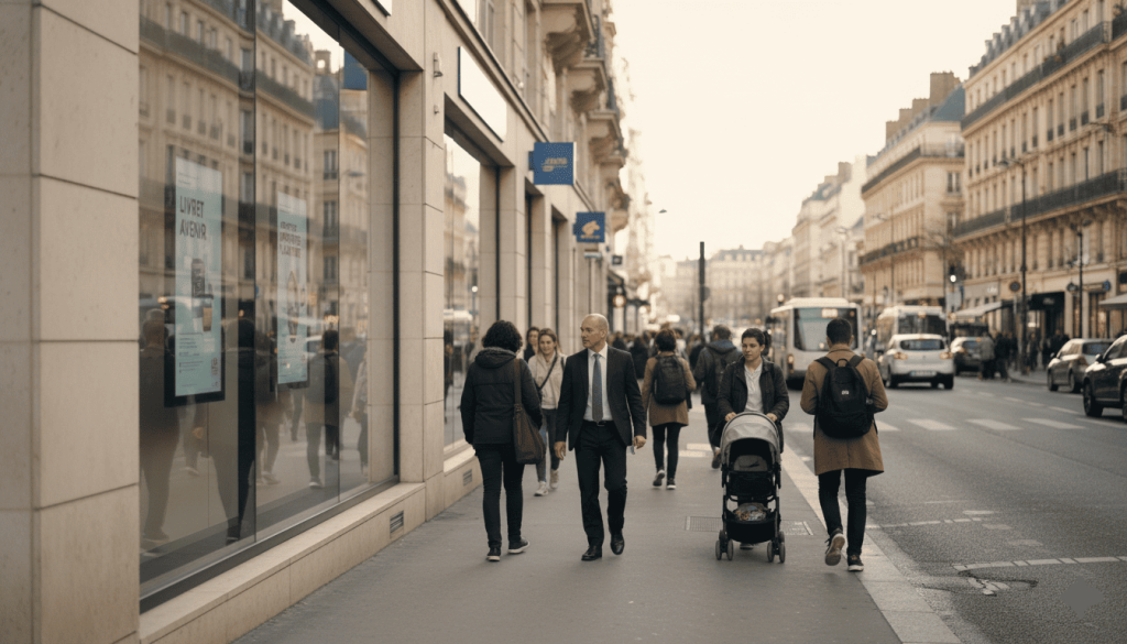 façade d’agence bancaire, passants variés, vitrines affichant discrètement des offres d’épargne et de placement