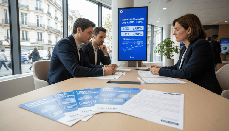 plusieurs brochures de livrets d’épargne posées sur une table en bois clair, écran affichant des taux d’intérêt différents
