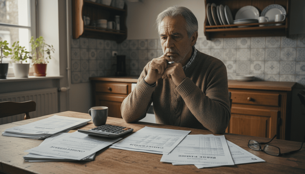 Employé français de 60 ans assis à une table de cuisine, documents de retraite