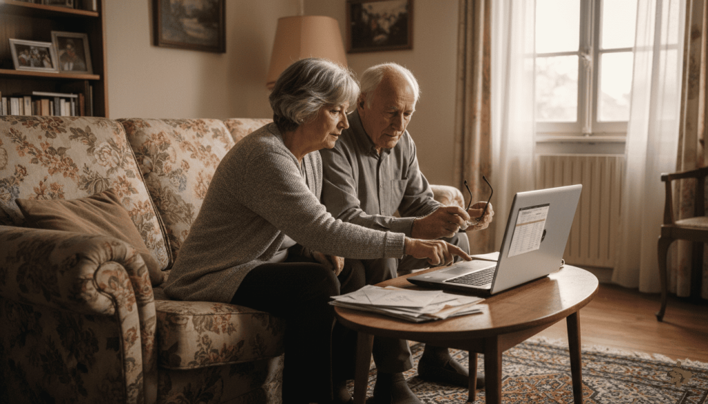 Couple retraité français dans un salon modeste consultant leurs finances sur ordinateur portable