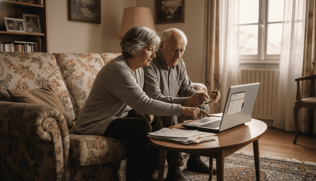 Couple retraité français dans un salon modeste consultant leurs finances sur ordinateur portable