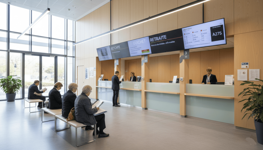 Centre administratif français moderne avec plusieurs personnes attendant au guichet retraite