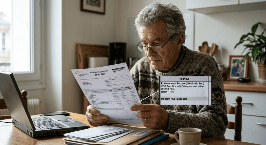 Retraité français regardant un relevé de pension détaillant les prélèvements sociaux et la CSG, expression attentive