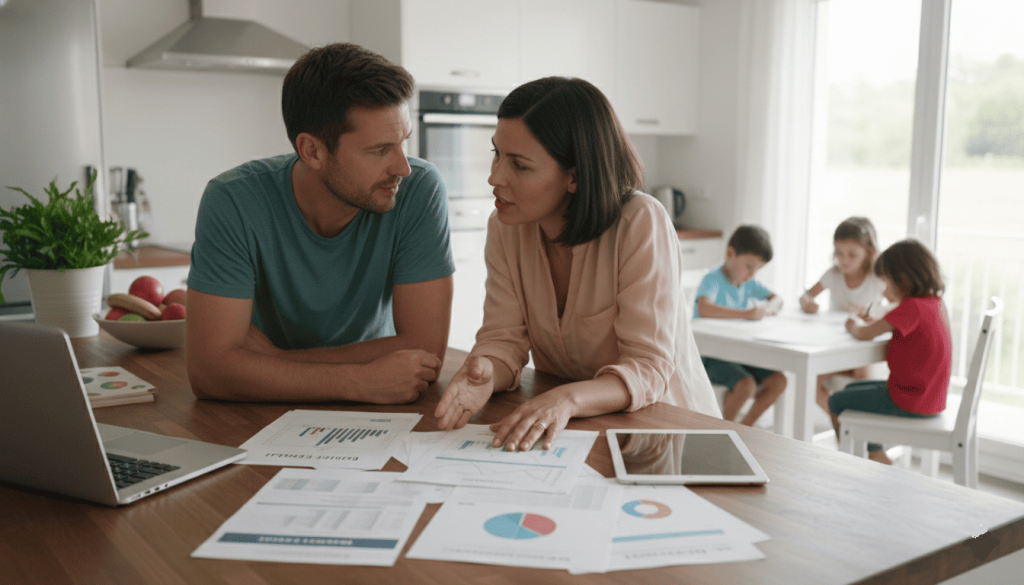 Parents discutant d’épargne familiale dans une cuisine moderne, documents financiers sur la table,
