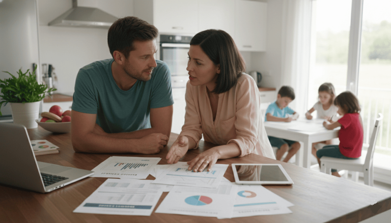 Parents discutant d’épargne familiale dans une cuisine moderne, documents financiers sur la table,