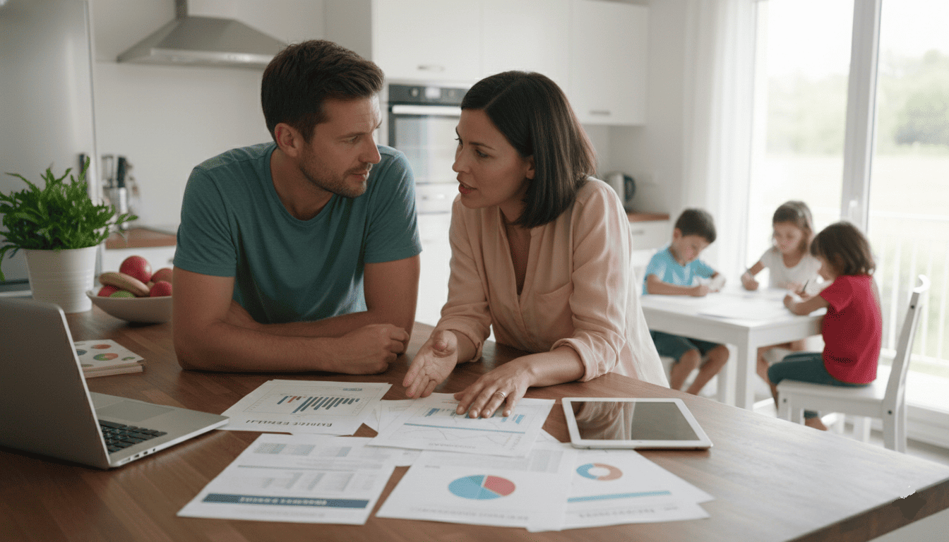 Parents discutant d’épargne familiale dans une cuisine moderne, documents financiers sur la table,