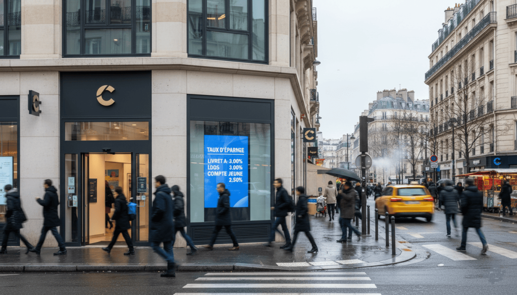 Façade d’une banque française avec affichage numérique discret des taux d’épargne, rue animée avec passants