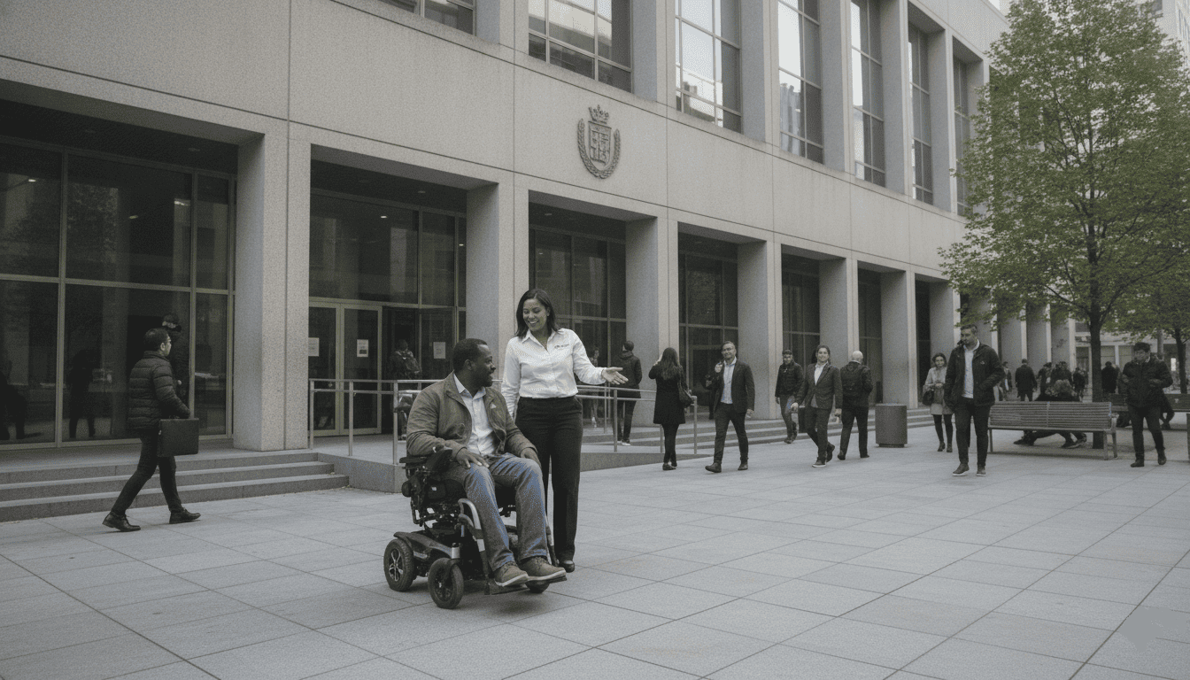 Personne en fauteuil roulant se rendant dans un centre administratif pour effectuer des démarches liées aux aides sociales.