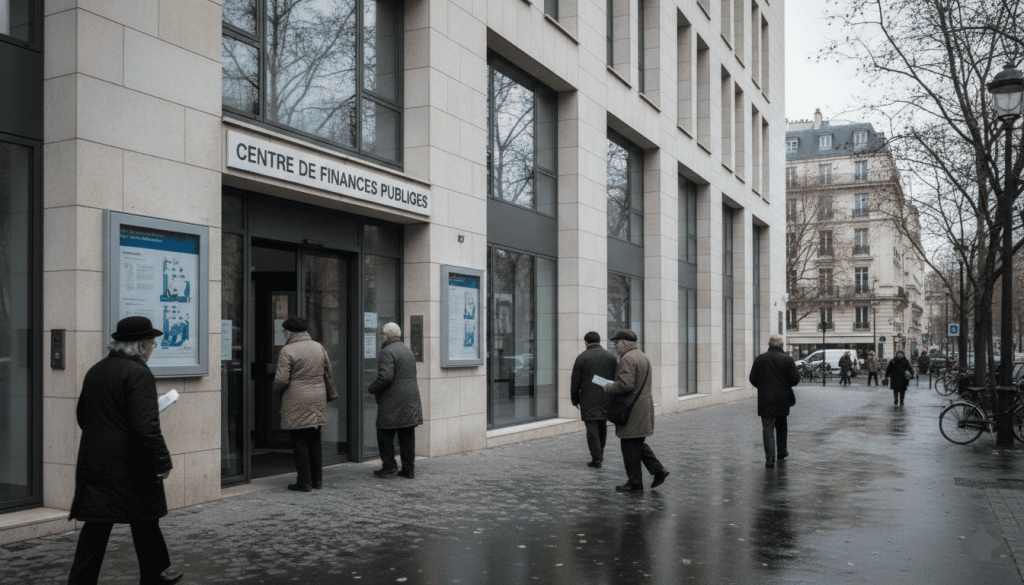 Centre des finances publiques avec des retraités effectuant des démarches administratives liées à leur fiscalité.