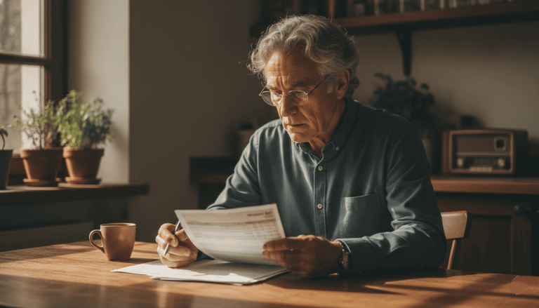 Retraité consultant des documents fiscaux et relevés de pension à son domicile pour comprendre les nouvelles règles d’abattement fiscal applicables en 2026.