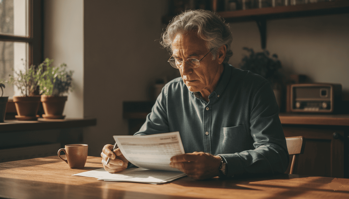 Retraité consultant des documents fiscaux et relevés de pension à son domicile pour comprendre les nouvelles règles d’abattement fiscal applicables en 2026.