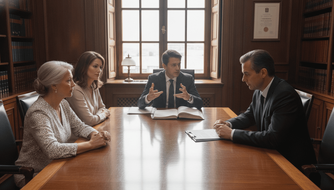 Famille réunie avec un notaire pour discuter d’une succession.