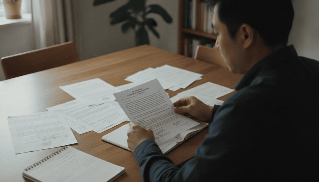 Homme consultant des documents successoraux chez lui après le décès d’un proche. Plusieurs pièces justificatives crédibles sont étalées sur une table : copies d’état civil anonymisées, courriers administratifs et notes manuscrites