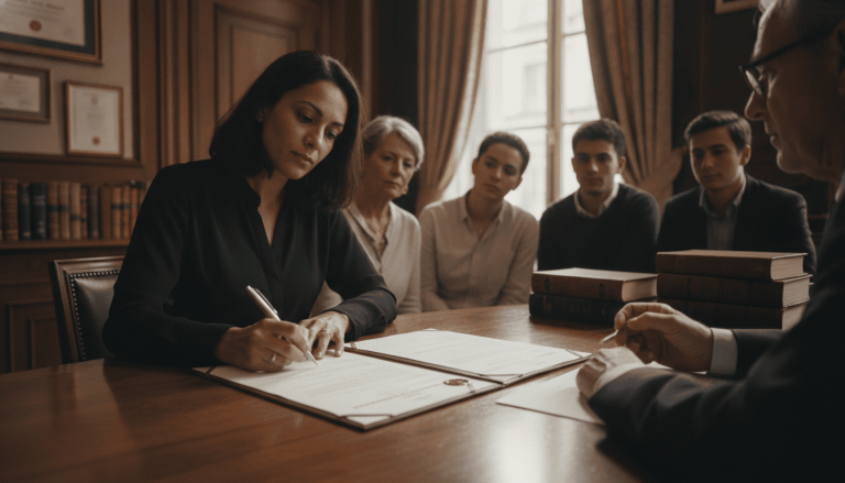 Femme signe un document officiel lié à une succession pendant que d’autres membres de la famille observent avec émotion.