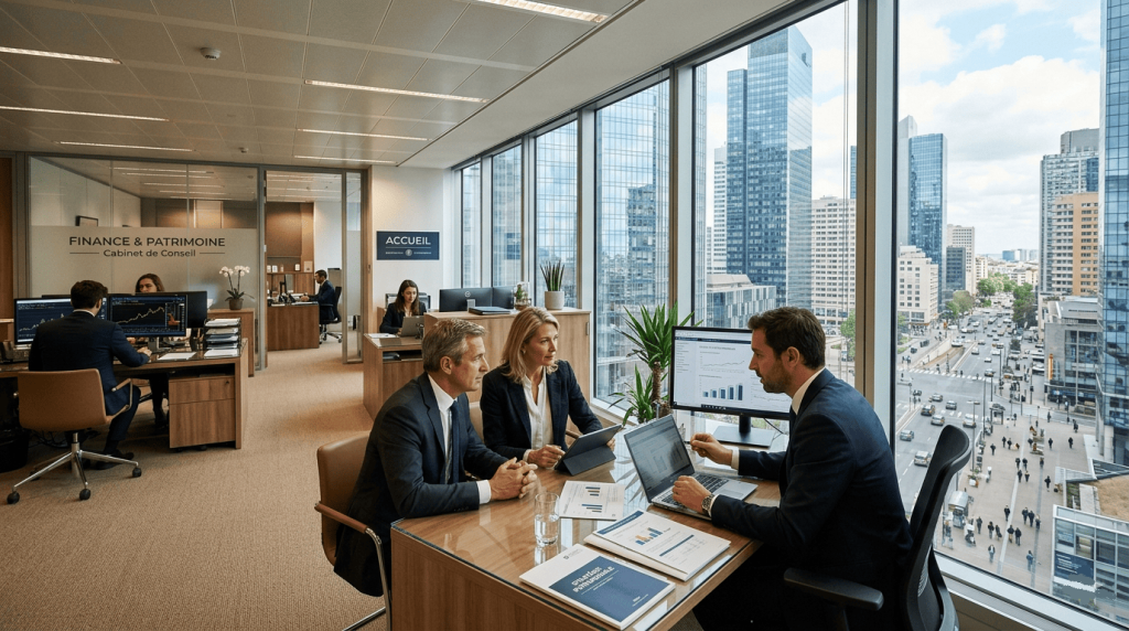 Cabinet de gestion de patrimoine dans un quartier d’affaires.