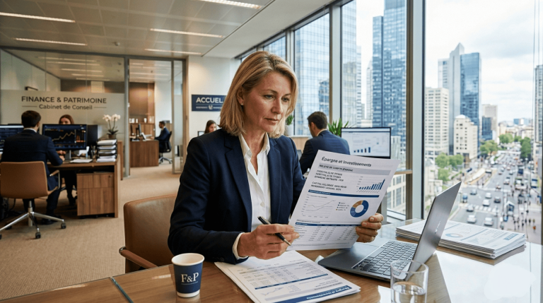 Femme consultant un relevé financier concernant son épargne.