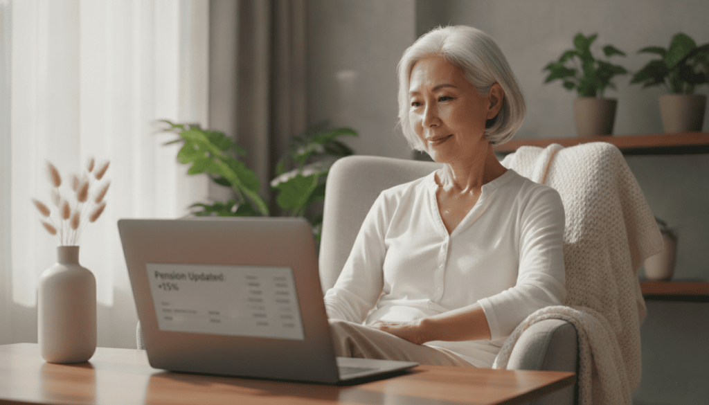 Retraitée découvrant avec satisfaction la revalorisation de sa pension sur son ordinateur.