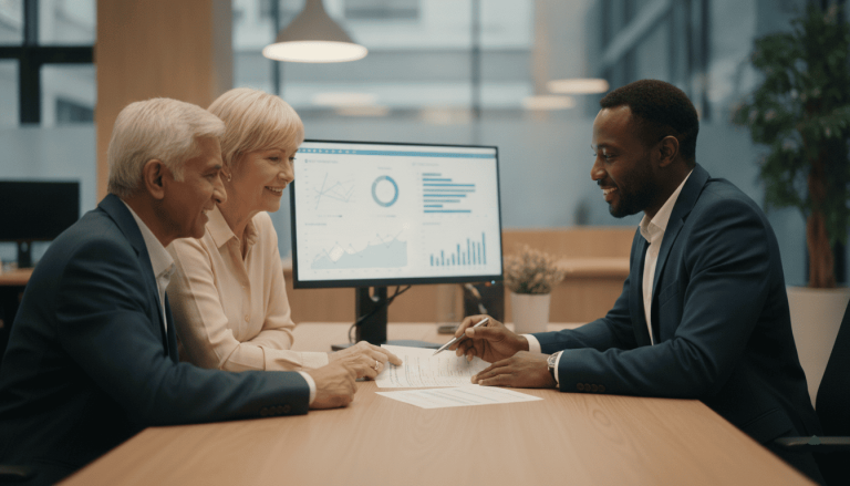 Conseiller bancaire expliquant l’augmentation de pension à un couple de retraités.