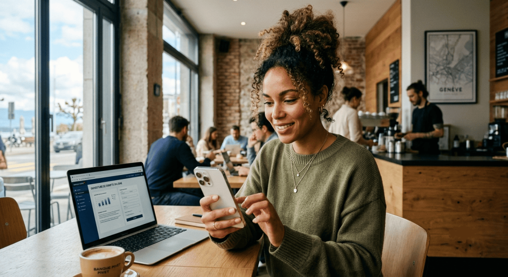 Jeune femme utilisant son smartphone pour effectuer une démarche bancaire en ligne dans un café.