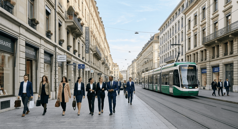 Rue élégante d’un centre-ville suisse avec tramway moderne et passants.